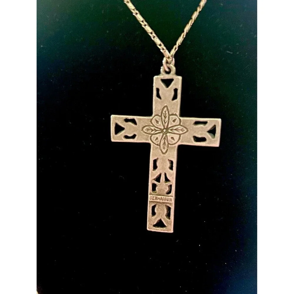 Ben-Amun Vintage Signed Floral Enamel Cross Pendant Necklace Silver Tone